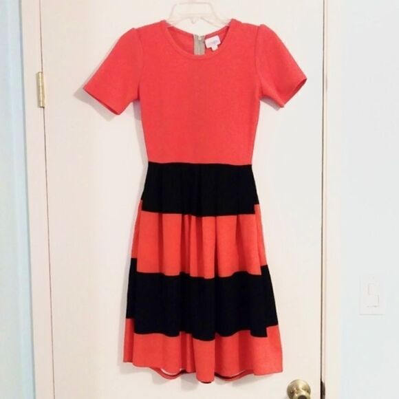 Lularoe Amelia Red and Black Striped Colorblock Midi Dress - Picture 1 of 6